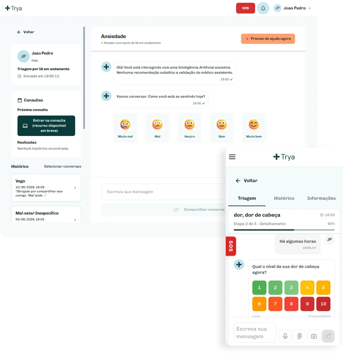 App da Trya para o colaborador: sessão de triagem com IA, escala de humor e escala de dor 1-10